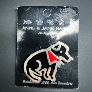 Vintage Anne & Jane Harvey Pin on original card, 925, Black dog w/red bandana